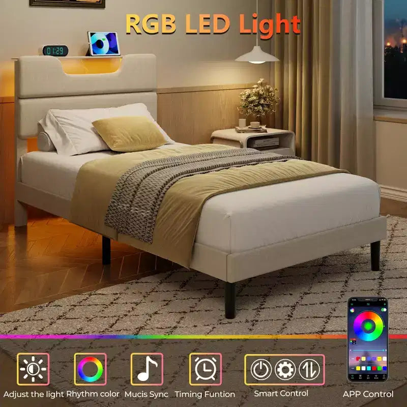 Twin Size Metal Platform Bed Frame Upholstered Headboard LED Lights Charging Station Heavy Duty Support No Box Spring Needed Bedroom USB