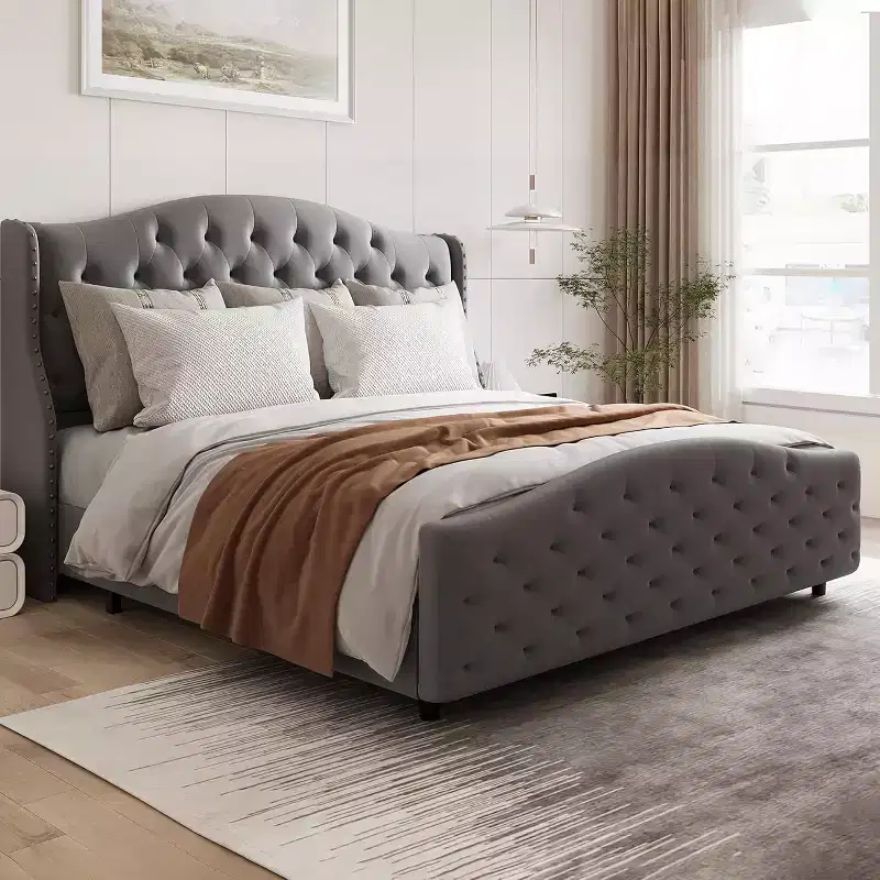 Queen Size Platform Bed Frame, Velvet Upholstered Headboard with Nailhead Trim, Wood Slat Support, No Box Spring Required, Easy Assembly, Quiet