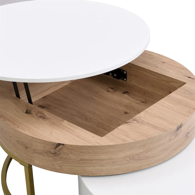 Modern Round Lift-Top Nesting Coffee Tables with Storage Drawers