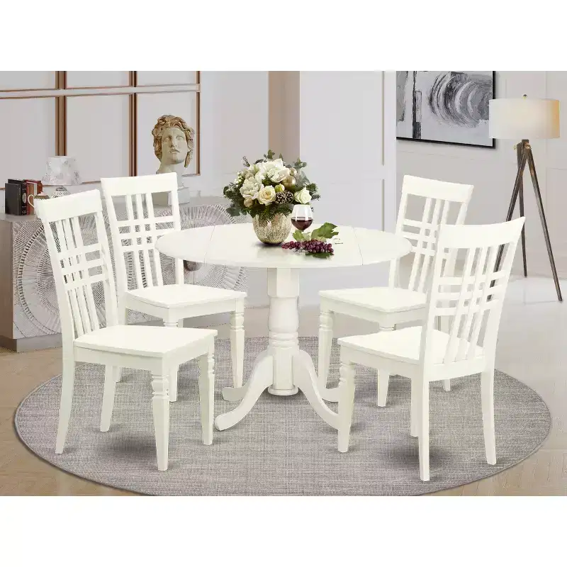 Round Kitchen Table Set - 5 Piece Dinette Table & Chairs - Linen White Finish - Small Space Dining