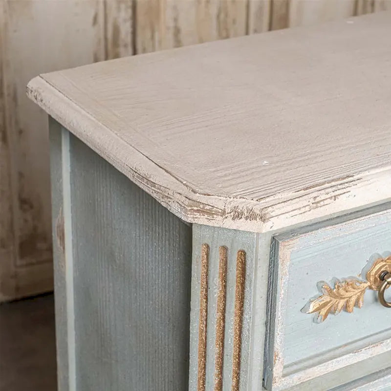 Distressed Light Blue Cream Top 2-Drawer Wood Cabinet with Gold Accents