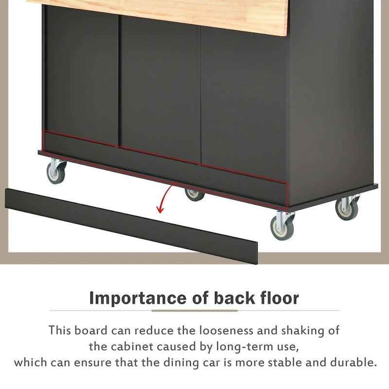 Rolling Kitchen Island with Drop Leaf Breakfast Bar Solid Wood Top 3 Drawers and Spice Rack