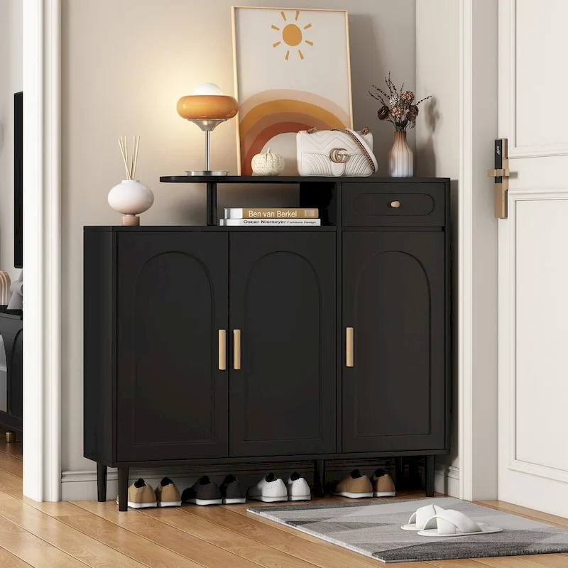 Shoe Cabinet with Arched Doors and Drawer – Adjustable Shelves & Storage Sideboard