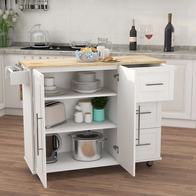 Rolling Kitchen Island Cart with Folding Top Drawers and Spice Rack