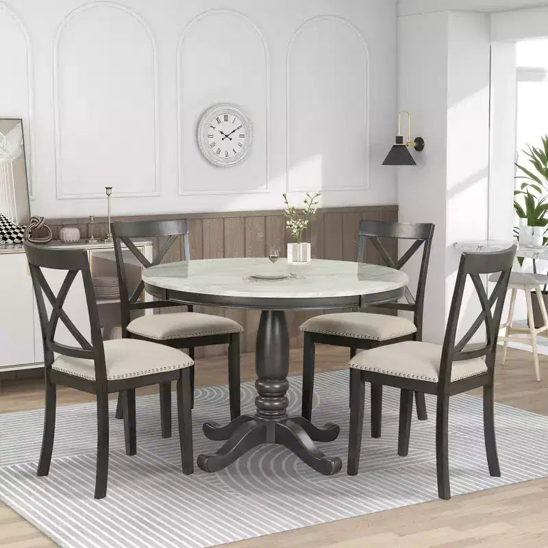 5-Piece Dining Set with Solid Wood Table and 4 Chairs, Gray