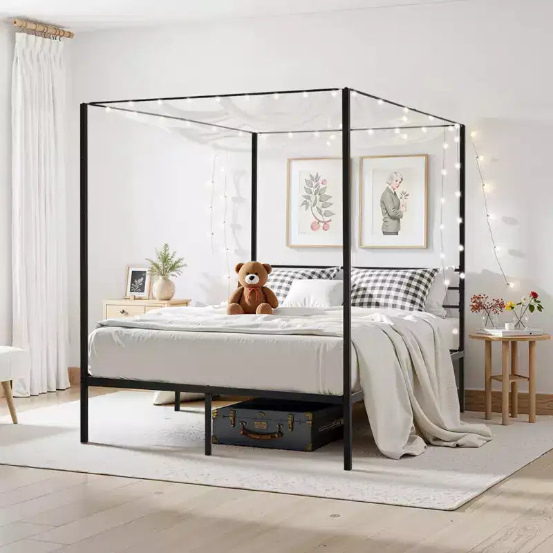 Queen Canopy Bed Frame Metal Four Poster with Underbed Storage - Heavy Duty 800 lbs