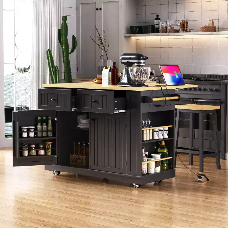48 Kitchen Island Set with 2 Bar Stools, Drop Leaf, Power Outlet, 2 Drawers, Door Storage Rack, 5 Side Shelves, Rolling Kitchen Cart
