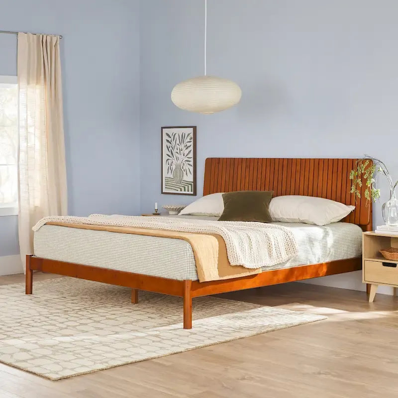 Slatted Headboard Modern King Platform Bed Frame - Wood Slat Support, No Box Spring Needed