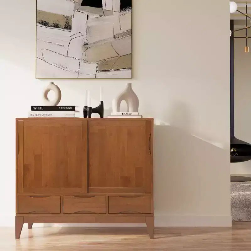 Mid-Century Modern Storage Cabinet, 2 Sliding Doors, 3 Drawers & 2 Shelves, Teak Brown