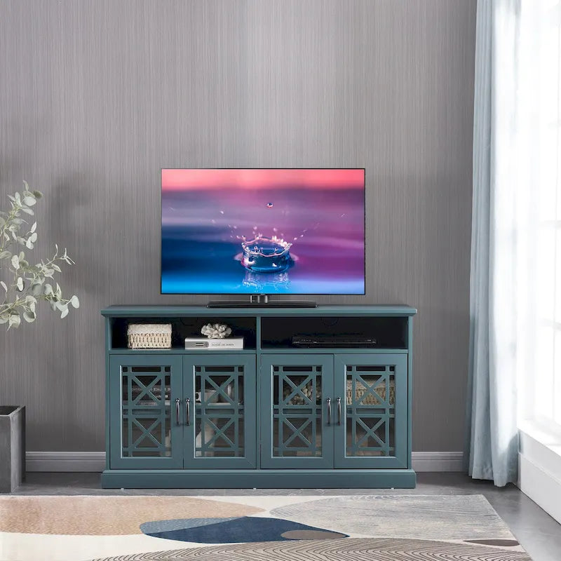 Dark Teal Buffet Sideboard Console Table with Glass Doors and Storage