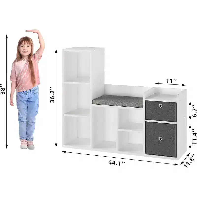 Kids Bookcase with Reading Nook, 44-Inch Toy Storage Bench with Cushion, 6 Cubby Shelves and 2 Fabric Drawers for Playroom or Bedroom
