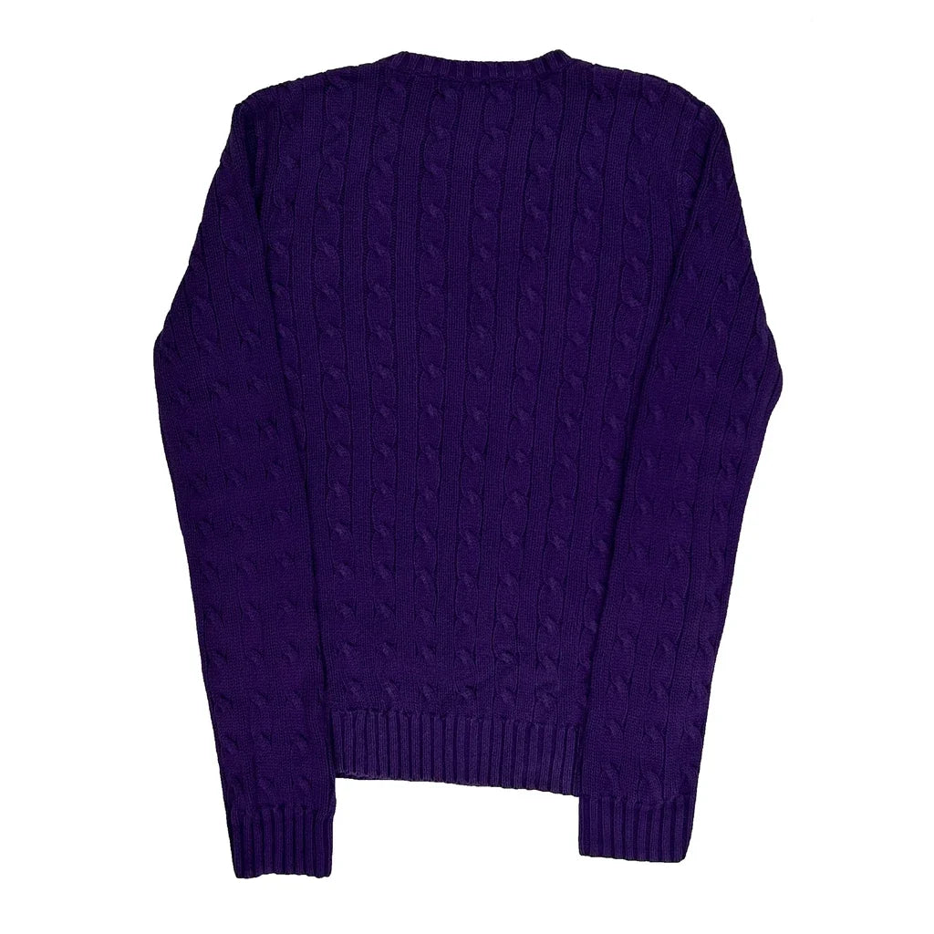Purple Cable Knit V-Neck Long Sleeve Top Medium Cotton