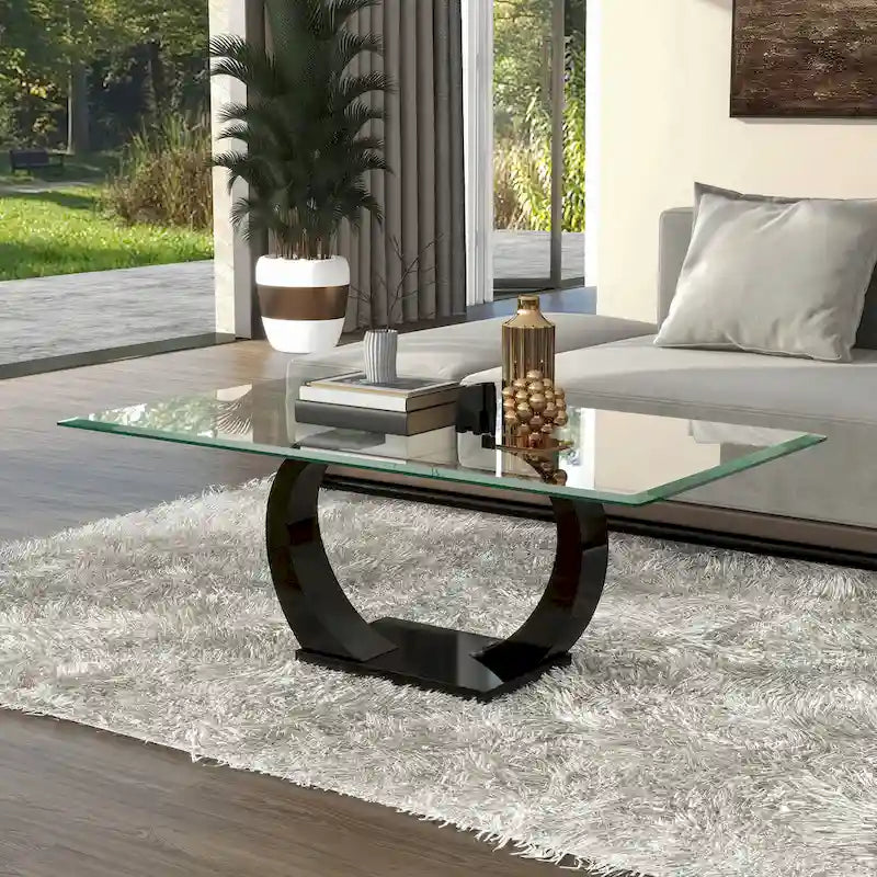 Contemporary 50-Inch Glass Top Coffee Table with Double Pedestal Base