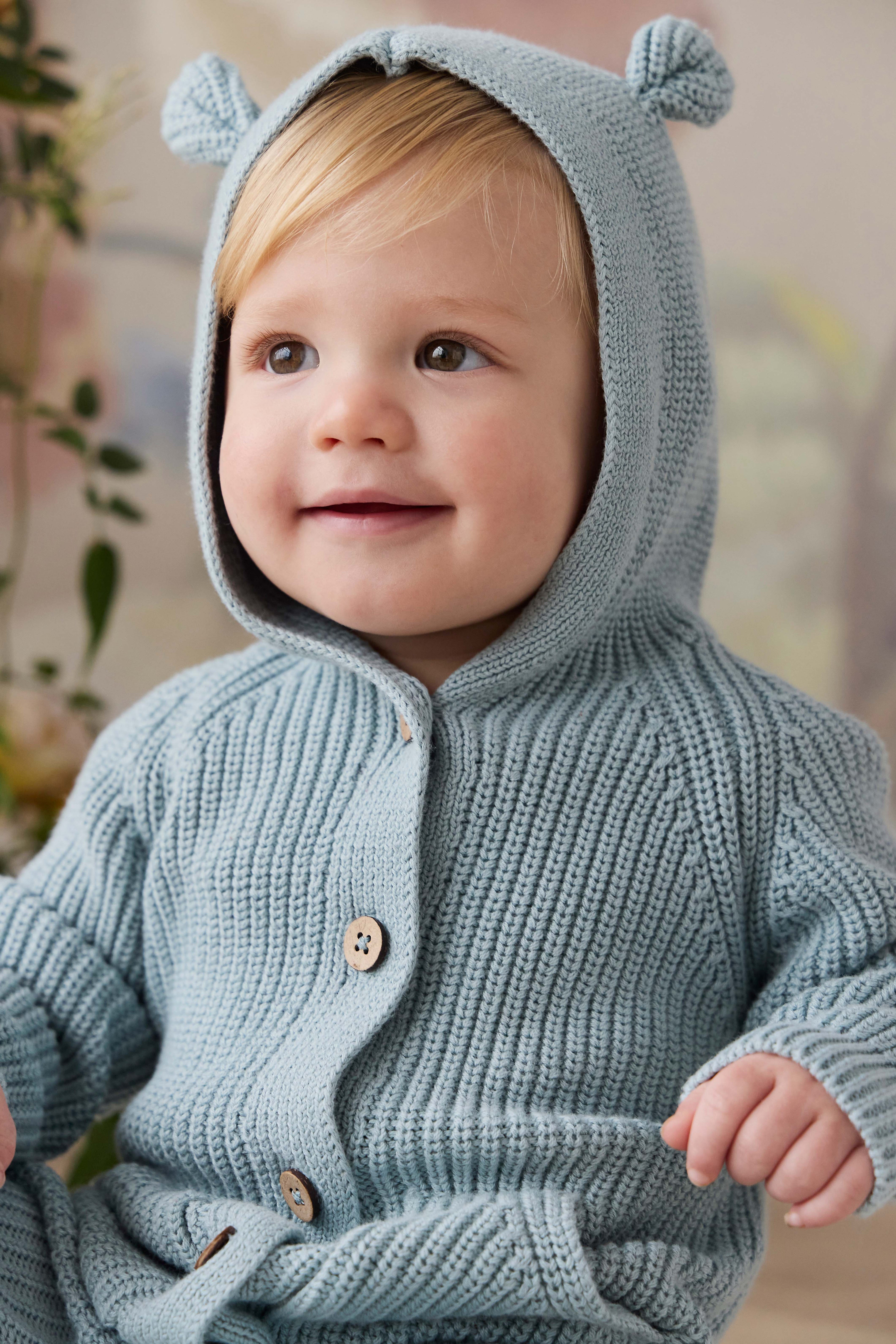 Playful Dusty Blue Bear Ear Hooded Cotton Knit Onepiece with Button-Down Front & Front Pockets for Baby Autumn-Winter (0�C3Y)
