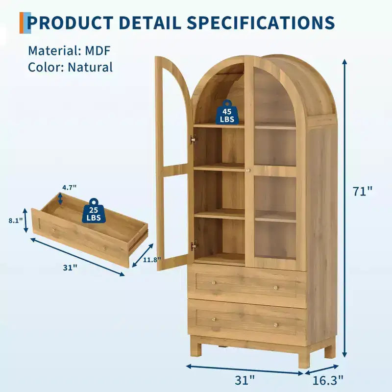 71 Tall Arched Bookshelf, Wooden Bookcase with 2 Drawers, Glass Door and Adjustable Shelf, Modern Display Cabinet for Living Room, Bedroom,office