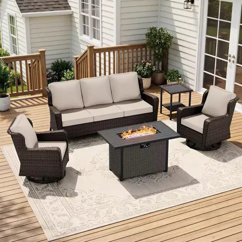 UPTIOT 5-Piece Outdoor Set: 3-Seat Sofa, 2 Swivel Chairs, Fire Pit Table & Side Table