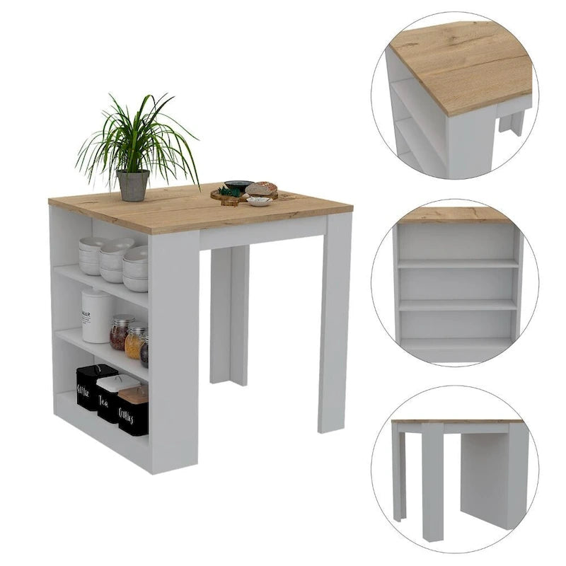 White and Pine Kitchen Island with 3-Tier Open Shelves and Breakfast Bar Height Top