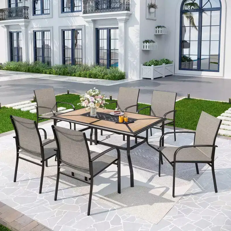 7pc Patio Dining Set with Faux Wood/Steel Table with Umbrella Hole & Metal Padded Arm Chairs - Captiva Designs