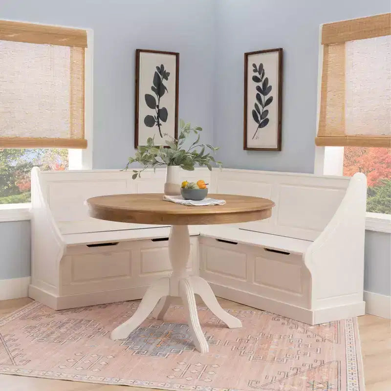 Tobin Storage Corner Nook and Pedestal Table Dining Set White/Natural - Linon