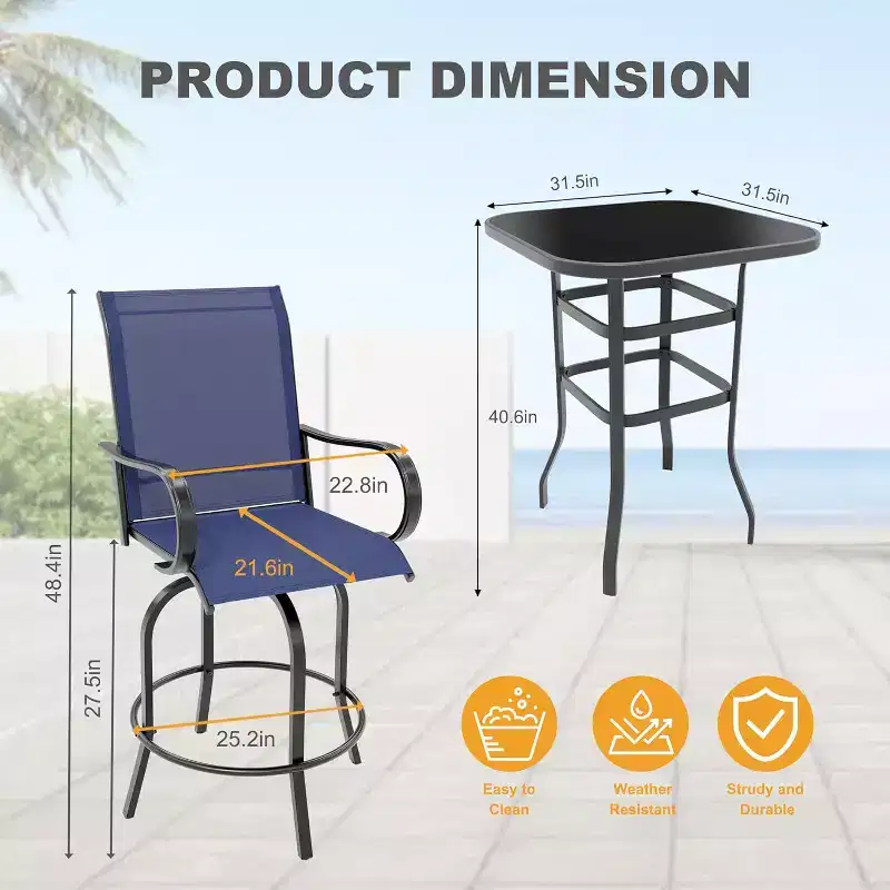 COZONY Patio Swivel Bar Set, Outdoor High Top Bar Table Swivel Chairs Glass Table All Weather Fabric for Patio
