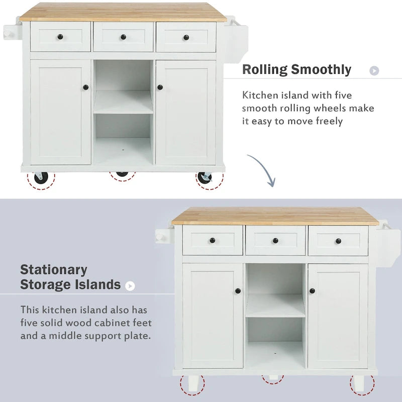 White Rolling Kitchen Island Cart with 5 Wheels Drop Leaf Rubberwood Top 3 Drawers and Spice Rack