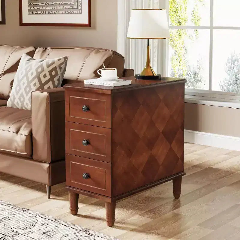 Narrow Wood End Table with 3 Drawers – Fully Assembled Nightstand for Bedroom & Living Room