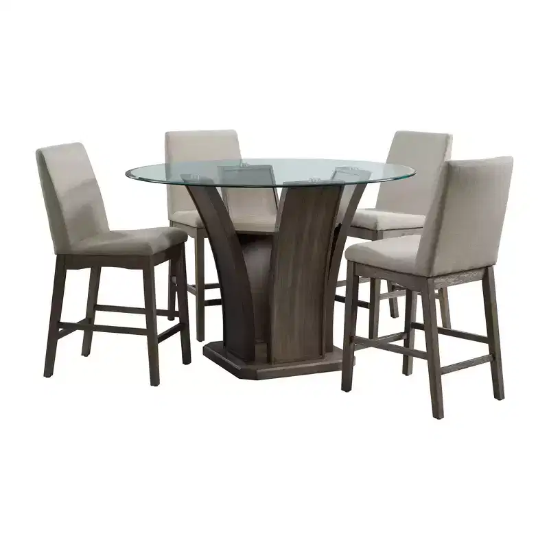 5pc Simms Round Counter Height Dining Set Walnut - Picket House Furnishings: Glass Top, Cream Chairs, Modern Style