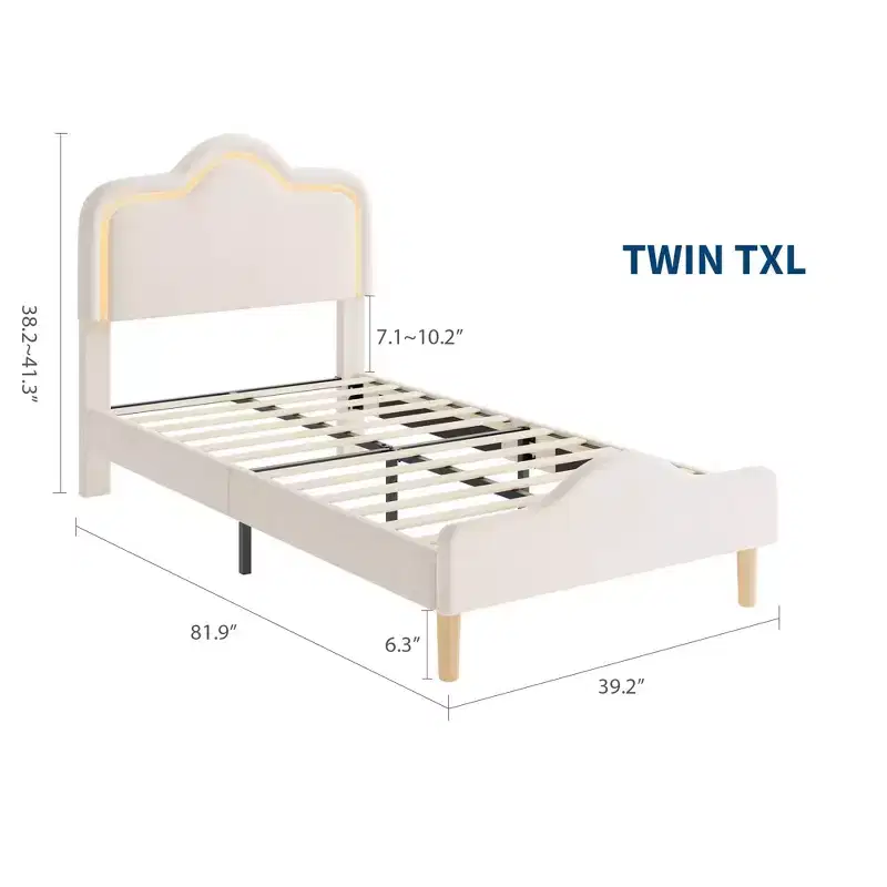 Twin XL Size Upholstered LED Bed Frame with Adjustable Headboard and Footboard, Platform Bed Frame for Kids, No Box Spring Needed