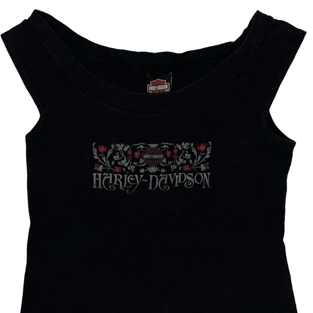 Graphic Sleeveless Top Women Medium Black Cotton Casual Fitted Round Neck