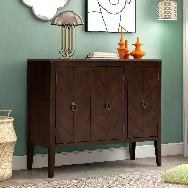 37 Sideboard Cabinet, 3-Door Wooden Buffet Storage Cabinet with V-Groove Pattern Doors & Retro Ring Handles - Panipeachy