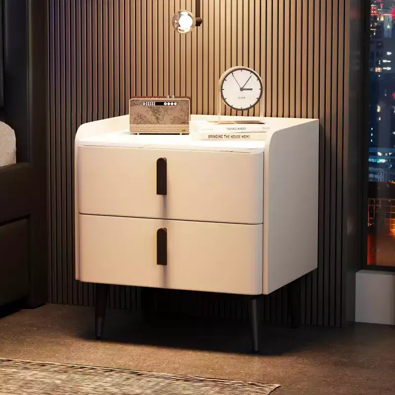 Nightstand with 2 Drawers Marble Pattern Tablrtop for Bedroom White