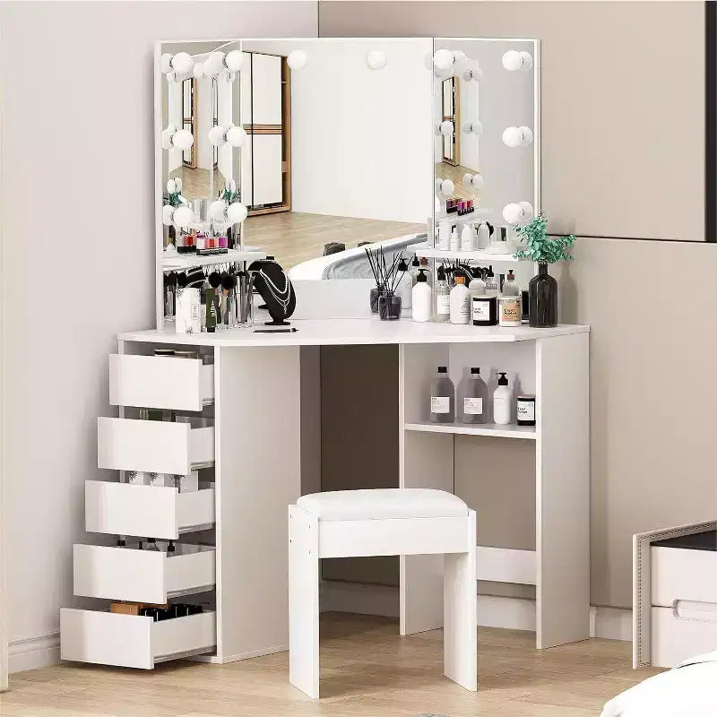 Corner Vanity Desk with Mirror, Makeup Table Set with Mirror, Cushioned Stool, 5 Drawers, Bedroom Dressing Table for Women Girls, White