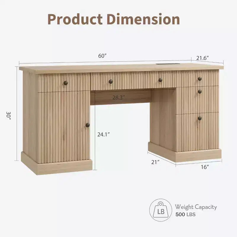 60 Executive Office Desk - Fluted Design with Charging Station, Wooden Desk for Home Office - Natural
