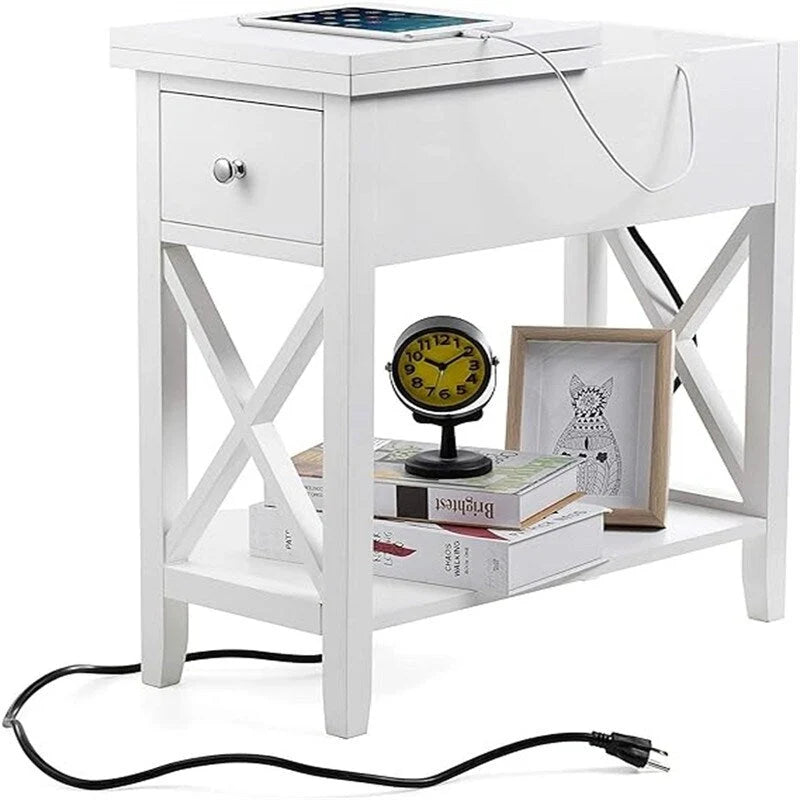 Narrow End Table with Flip Top Drawer and Charging Station