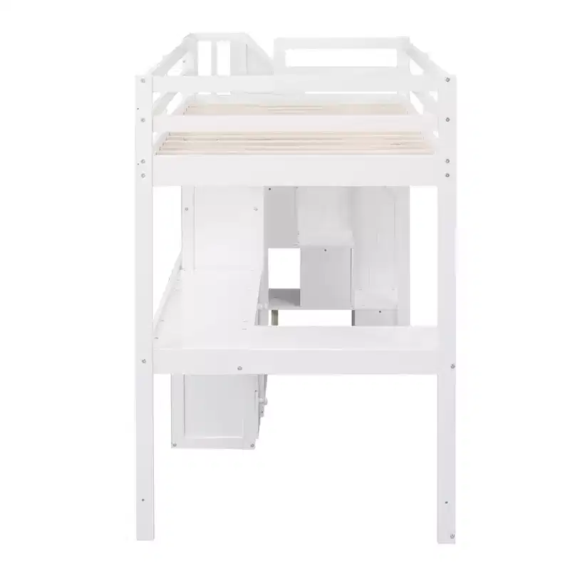 Twin Size Loft Bed with L-Shaped Desk, 3 Drawers, Cabinet, Staircase Storage, Solid Pine/MDF Build