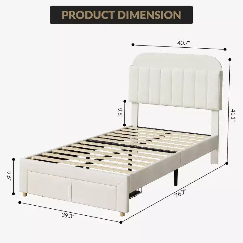 Twin Bed Frame for Kids, Upholstered Platform Bed with Large Storage Drawer and Bookcase Headboard, Noise-Free Easy Assembly Girls Boys Bed, Beige