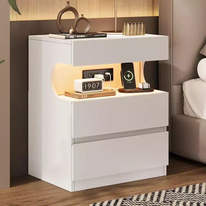 Wood 3-Drawer Nightstand with Charging Station 24.6''H x 19.68''W x 15''D