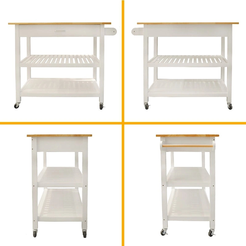 Rolling Kitchen Cart with Natural Wood Top 2 Open Shelves and Towel Rack