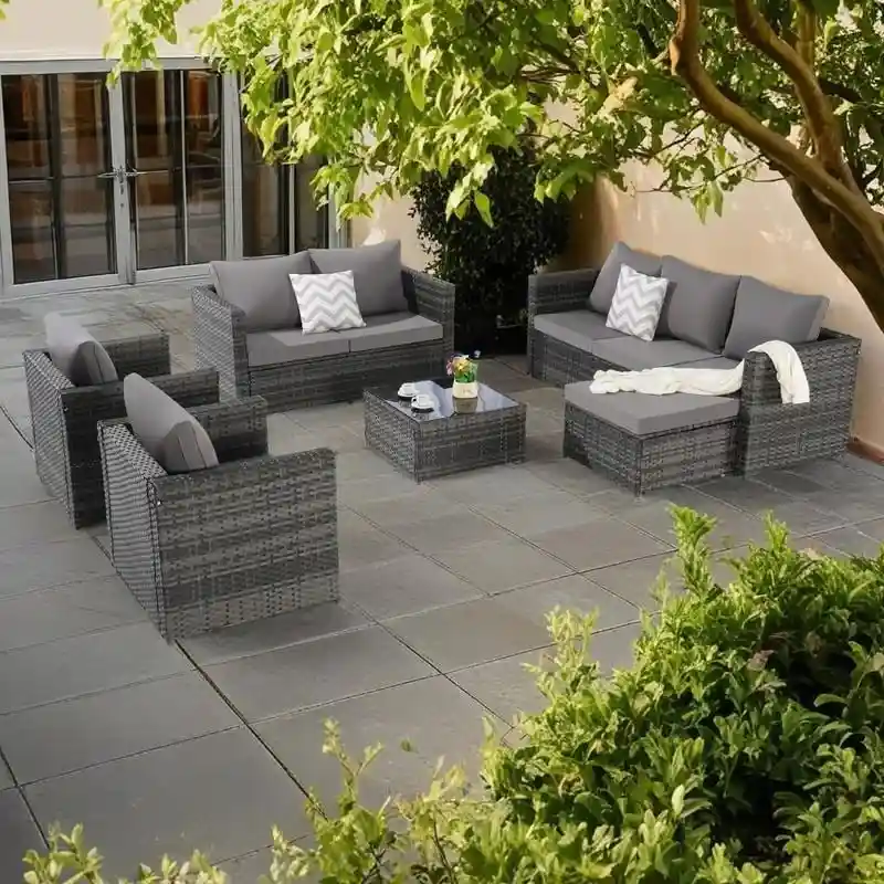 6-Piece Outdoor Patio Rattan Conversation Sectional Sofa Set with Tempered Glass Coffee Table and 2 Armchair