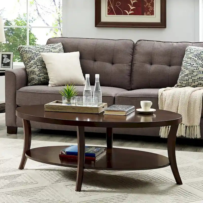 Oval Birch Wood Veneer Coffee Table with Lower Shelf