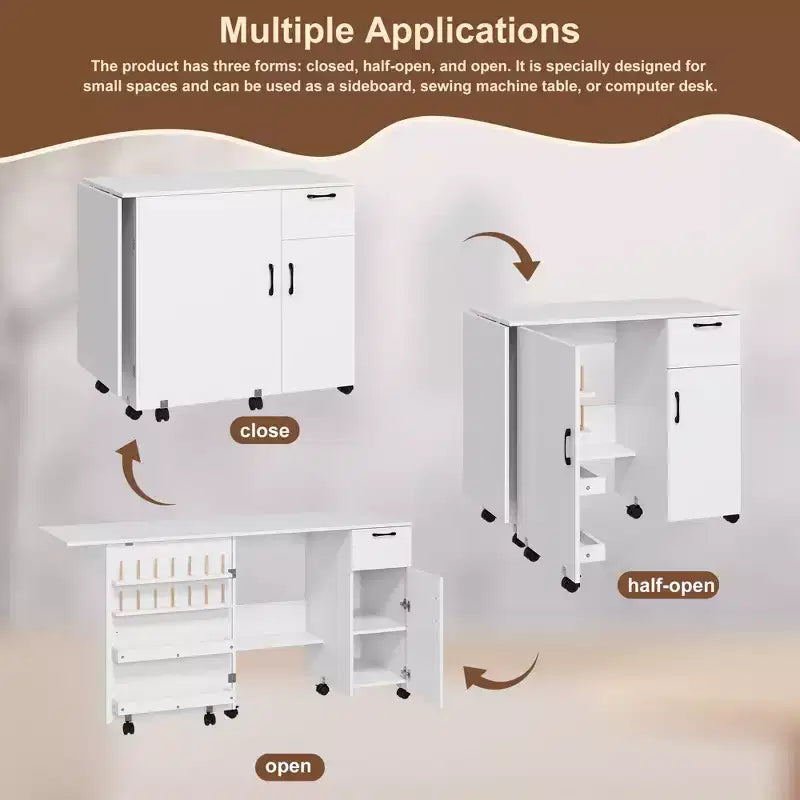 Folding entryway storage cabinet, multi-functional table, height adjustable, with sliding drawers, storage shelves and lockable wheels.