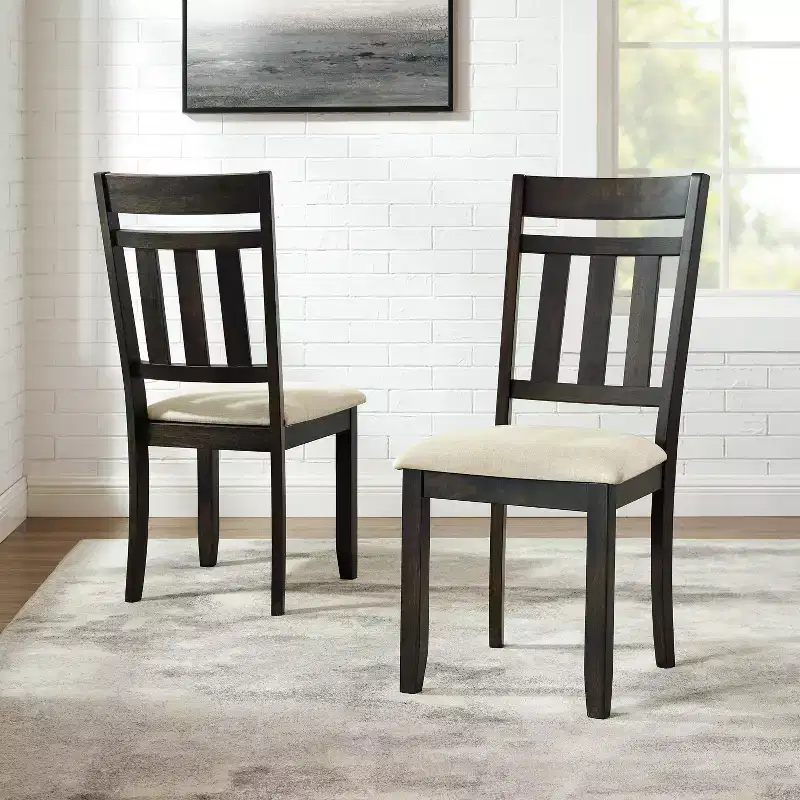 Set of 2 Slat Back Dining Chairs, Slate – Upholstered Linen Seat, Rubberwood Frame