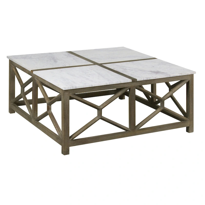 Coffee Table, 40 Inch Square White Marble Top, Sandblasted Ash Gray Mango Wood Geometric Frame