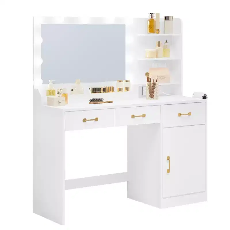 Wooden bedroom vanity with mirror and light, featuring 3 drawers and 4 compartments, charging station, and open shelving