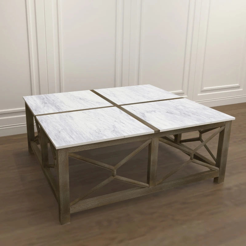 Coffee Table, 40 Inch Square White Marble Top, Sandblasted Ash Gray Mango Wood Geometric Frame