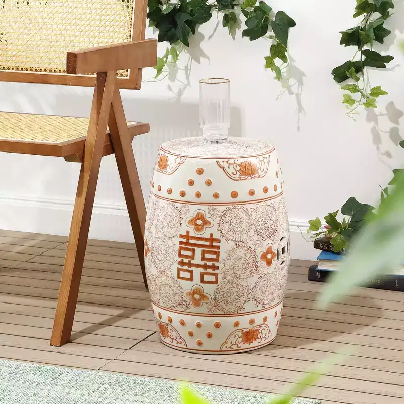 JONATHAN Y Double Happiness 18 Chinoiserie Ceramic Drum Garden Stool/Accent Table