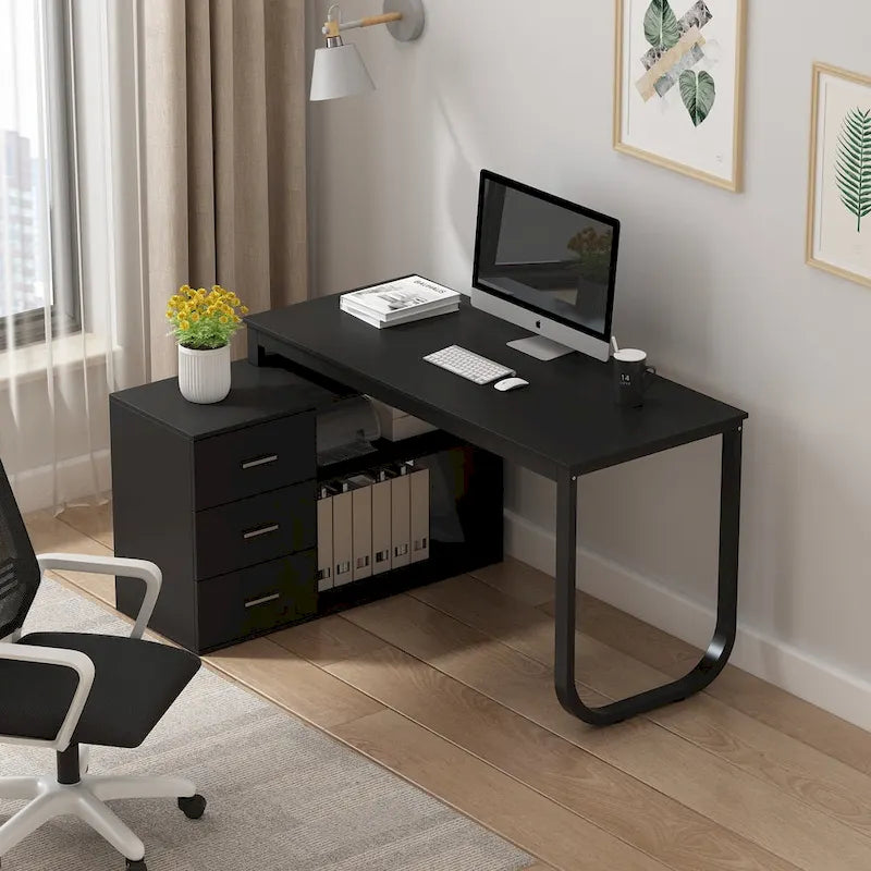 55-inch L Shaped Office Computer Desk with Drawers