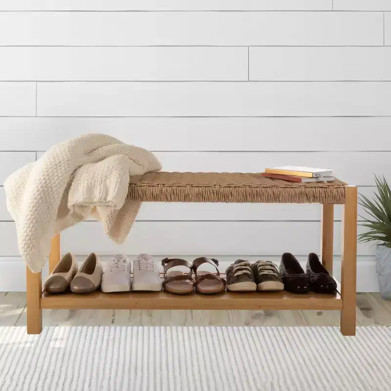 40 in. Wood Bench with Handcrafted Woven Rope Seat and Storage Shelf for Entryway or Bedroom