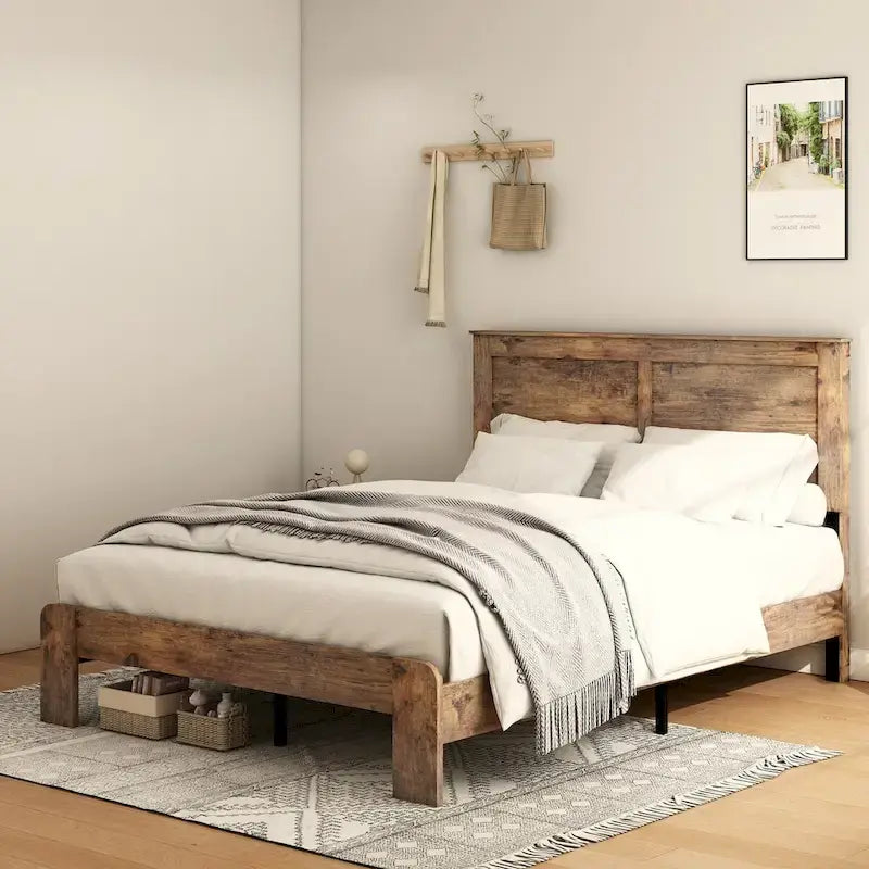 Dark Brown Full Size Wood Platform Bed For Bedroom