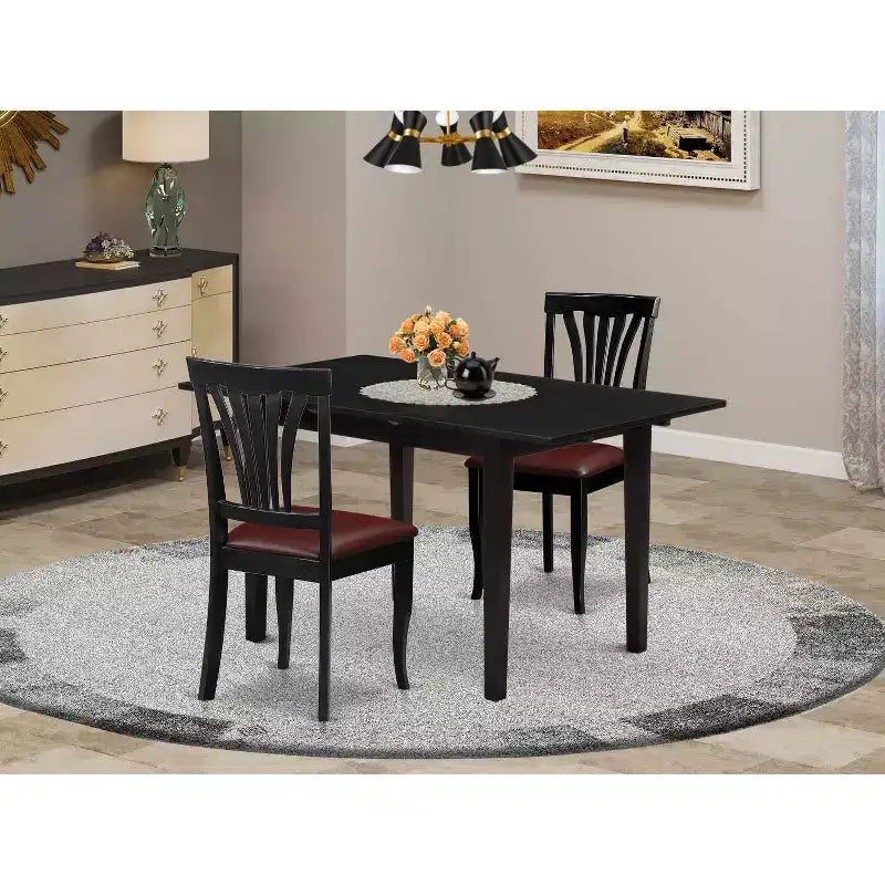 3-Pc Black Finish Solid Wood Top Dining Table Set